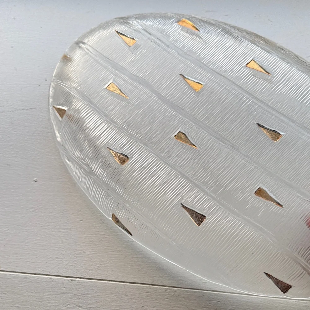 Clear Oval Glass Serving Platter with Gold Triangle Accents